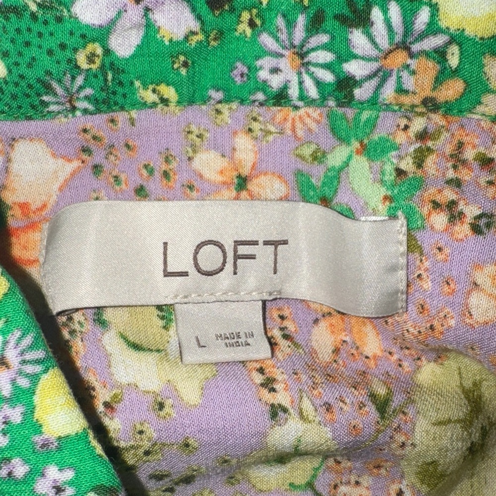 Loft Floral Patchwork Button-Up Blouse Green Purp… - image 4